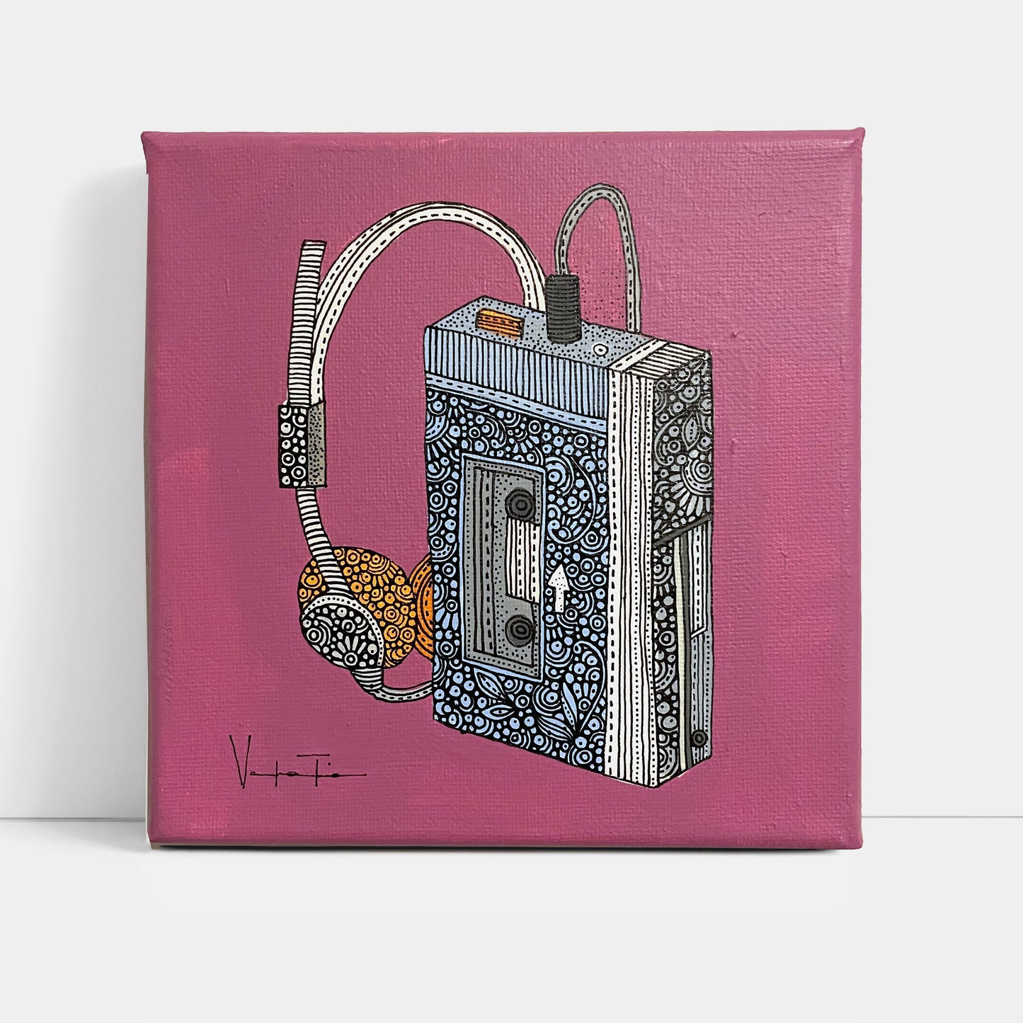 El walkman- Original Pen and Ink Artwork - 6x6 canvas