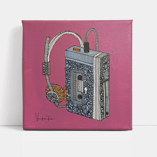 El walkman- Original Pen and Ink Artwork - 6x6 canvas
