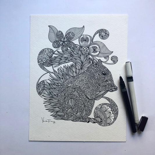 Squirrel Pen and Ink Drawing: Original Doodle Art on Watercolor Paper