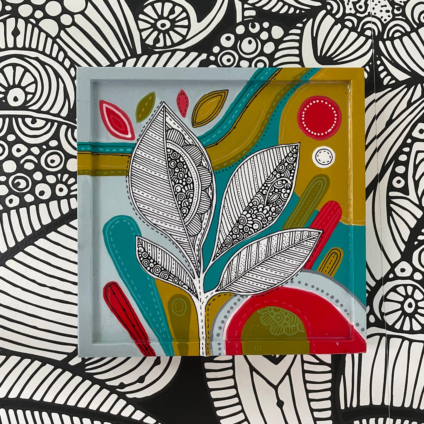 Floral1 Pen and Ink Art: Original Acrylic Painting, 6x6 Wall Decor