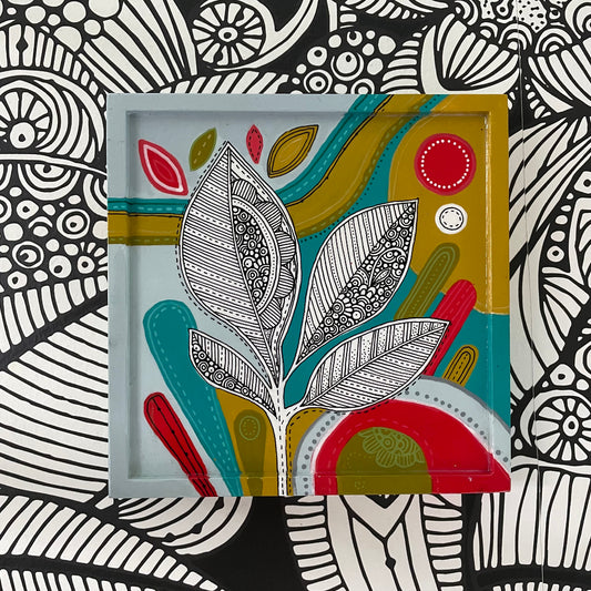 Floral1 Pen and Ink Art: Original Acrylic Painting, 6x6 Wall Decor