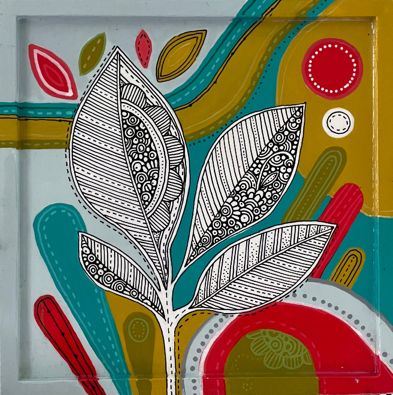 Floral1 Pen and Ink Art: Original Acrylic Painting, 6x6 Wall Decor