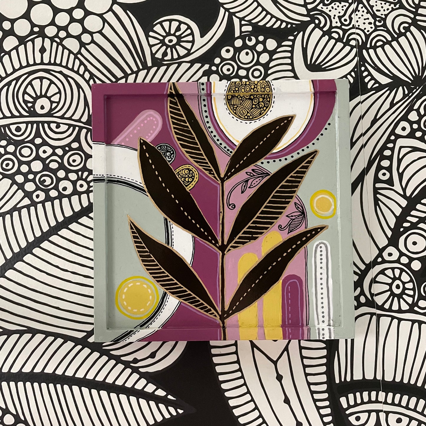 Floral2 Pen and Ink Art: Original Acrylic Painting, 6x6 Wall Decor