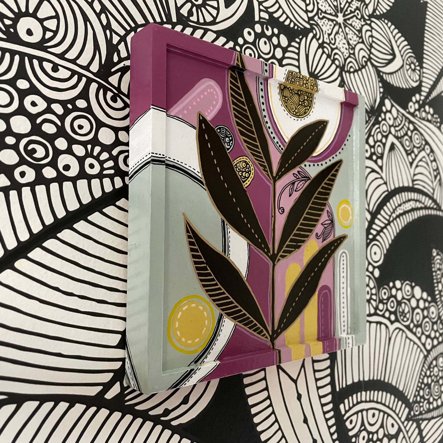 Floral2 Pen and Ink Art: Original Acrylic Painting, 6x6 Wall Decor