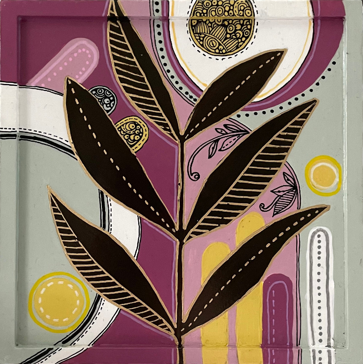 Floral2 Pen and Ink Art: Original Acrylic Painting, 6x6 Wall Decor