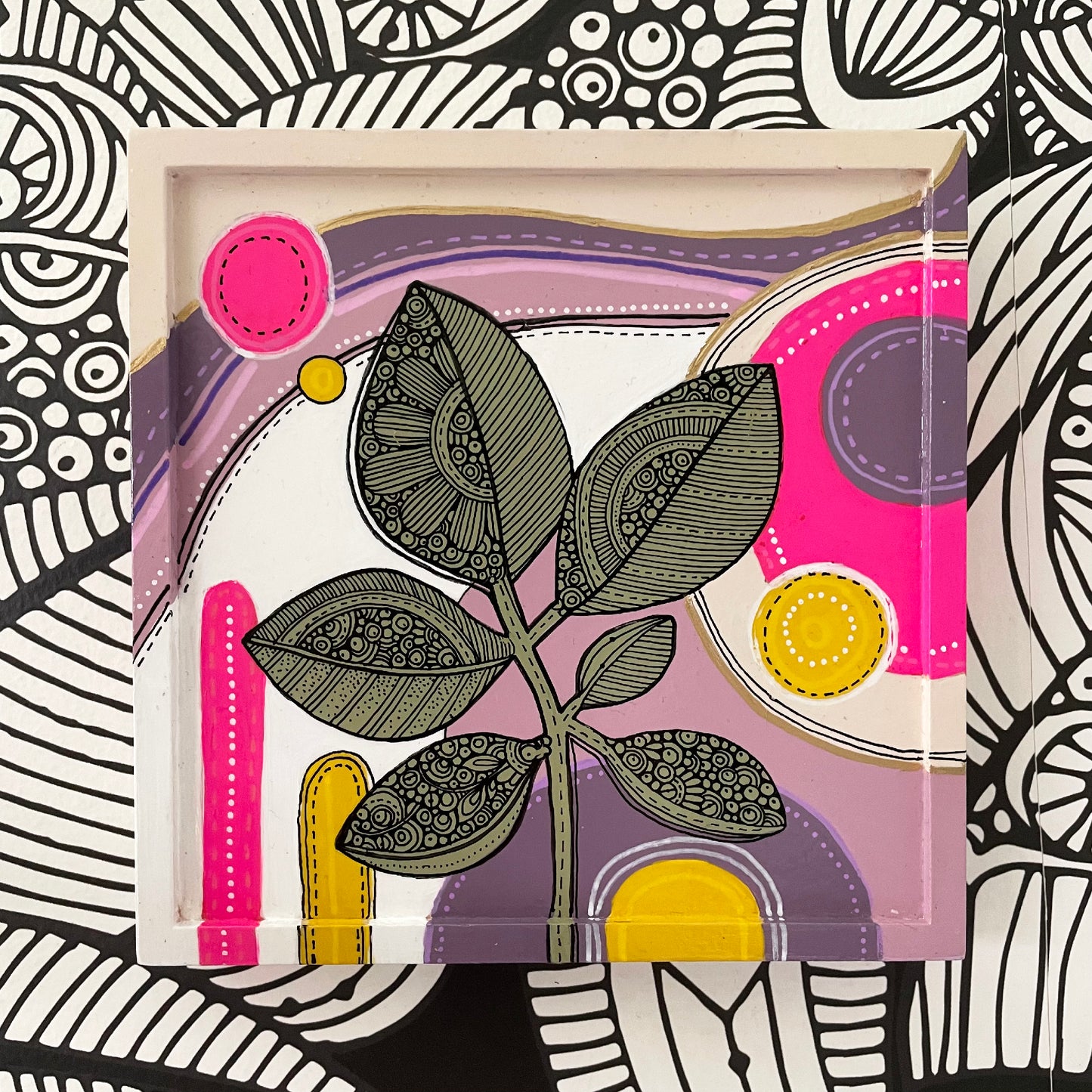 Floral3 Pen and Ink Art: Original Acrylic Painting, 6x6 Wall Decor