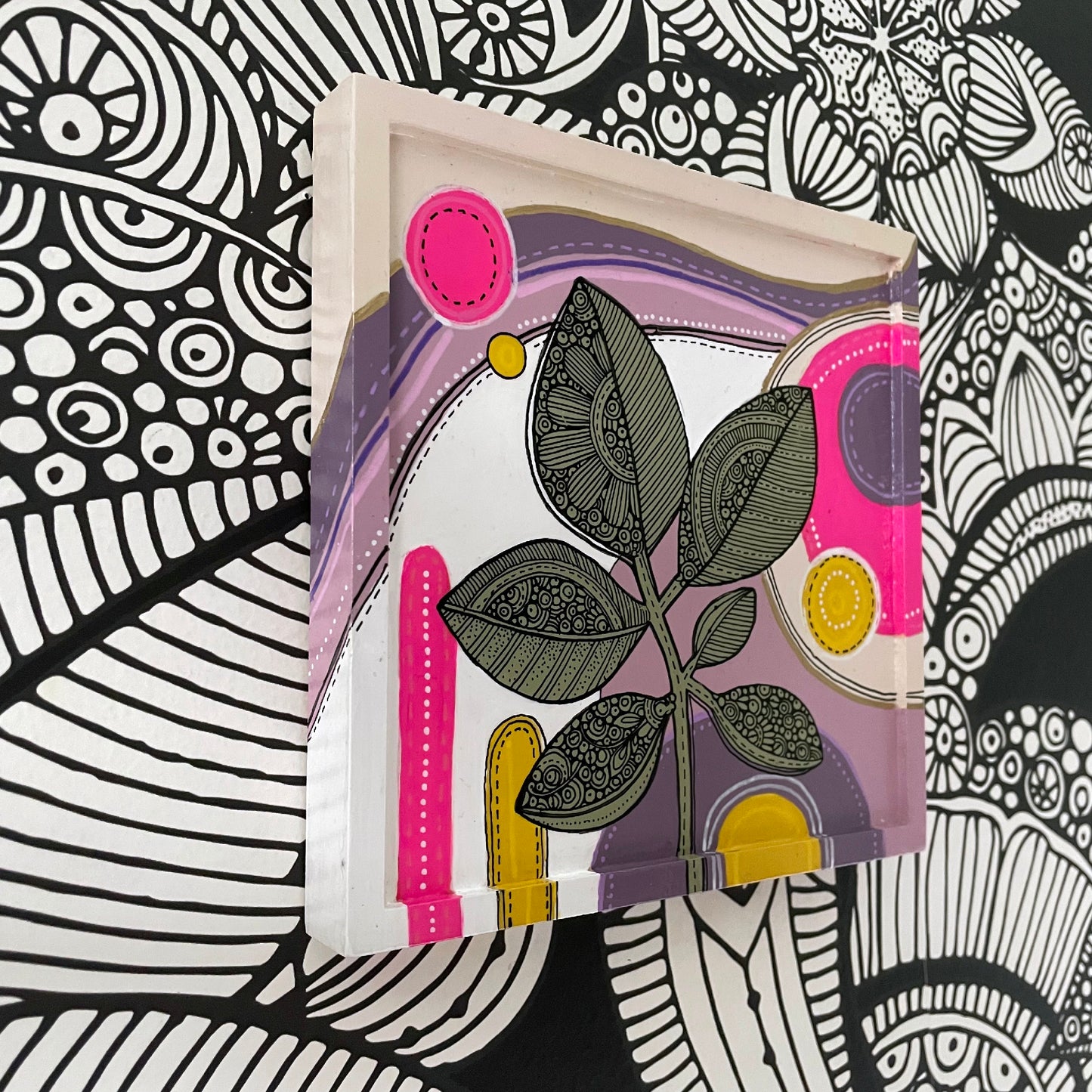 Floral3 Pen and Ink Art: Original Acrylic Painting, 6x6 Wall Decor