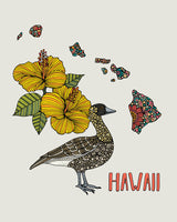 Hawaii State Map - State Bird nene/Hawaiian goose- State Flower yellow hibiscus