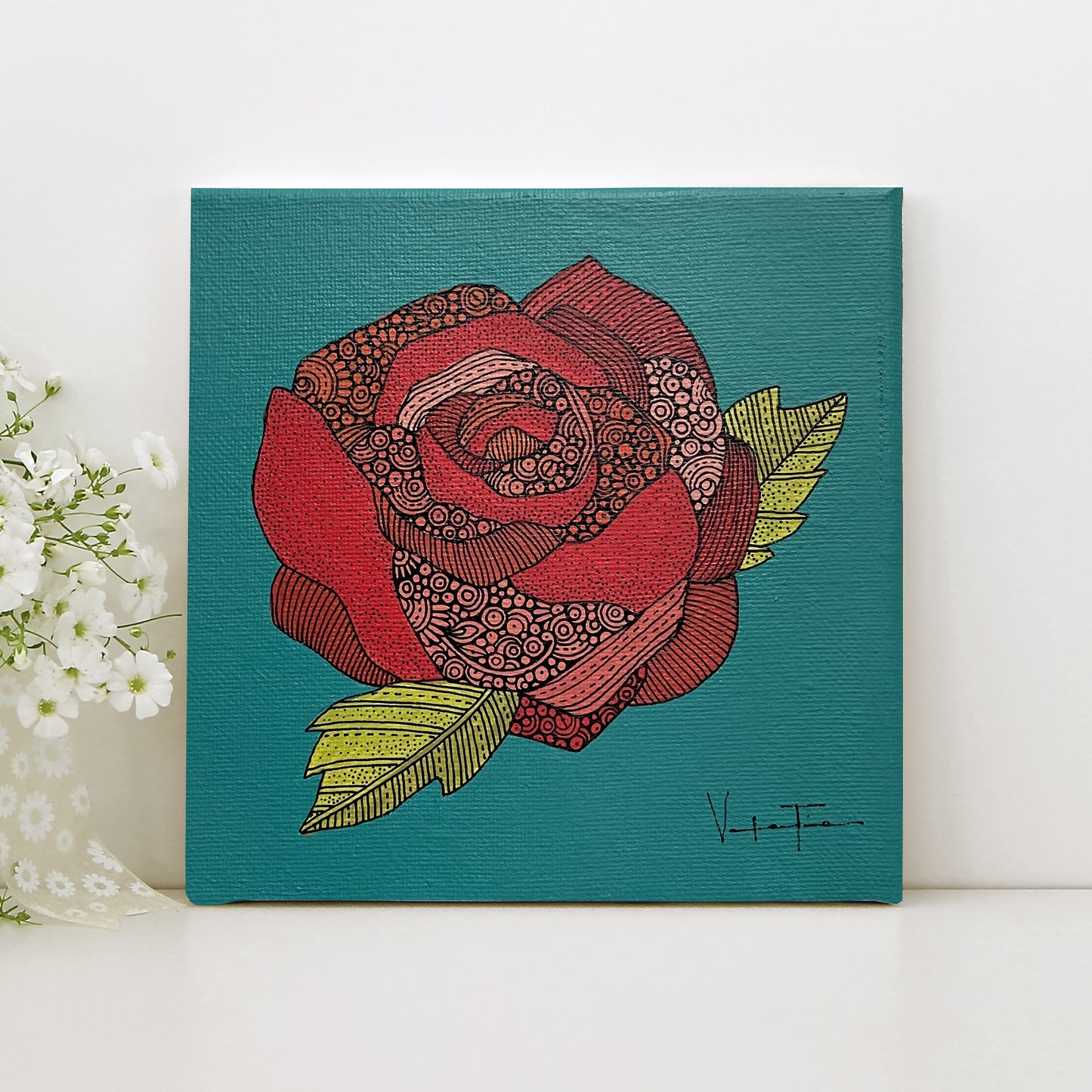 La Rosa- Original Pen and Ink Artwork - 6x6 canvas