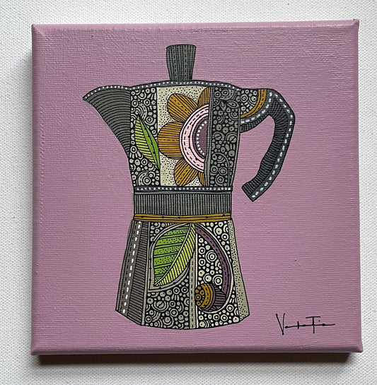 La Cafetera- Original Pen and Ink Artwork - 6x6 canvas