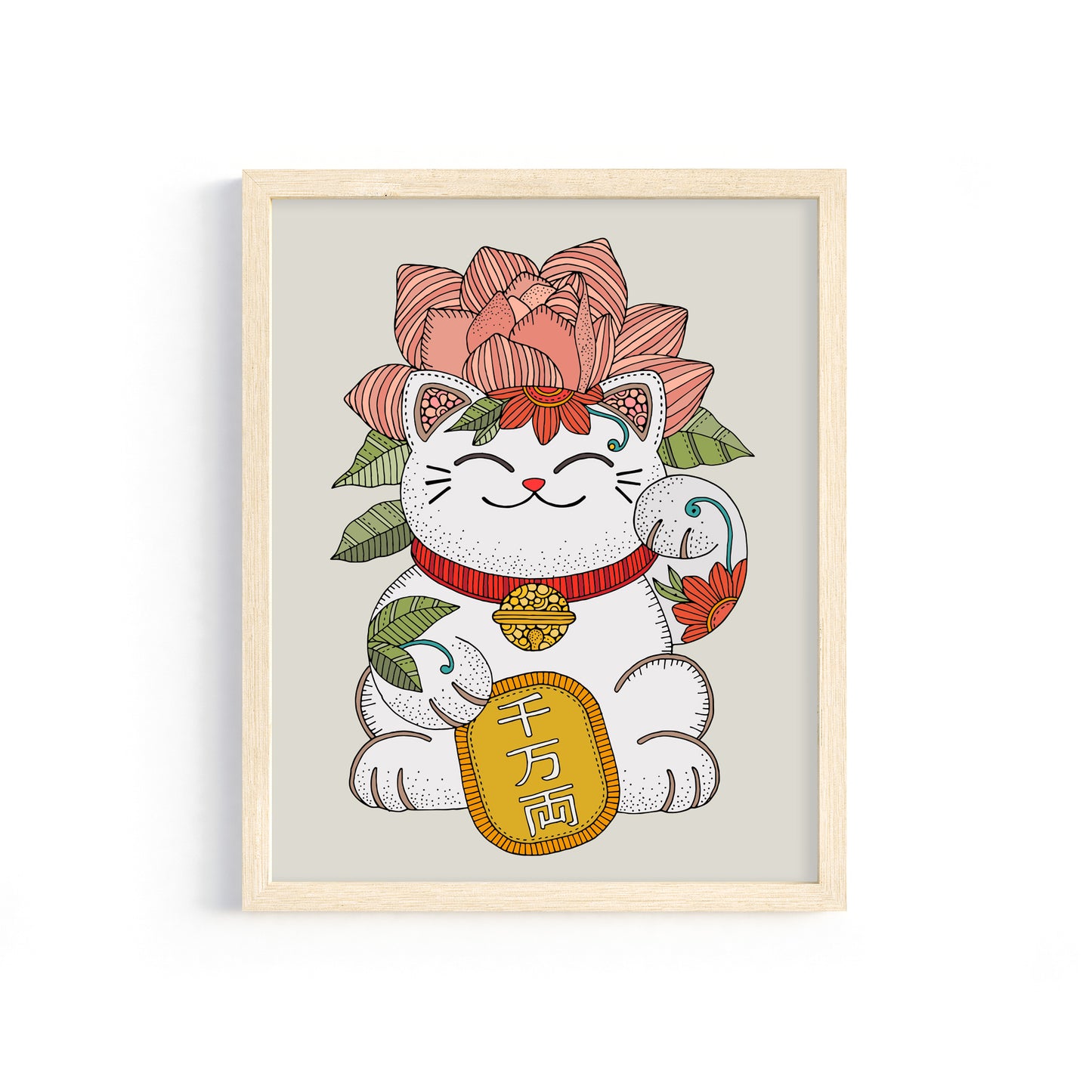 Lucky Blossom Maneki Neko Art Print – Floral Lucky Cat Wall Decor