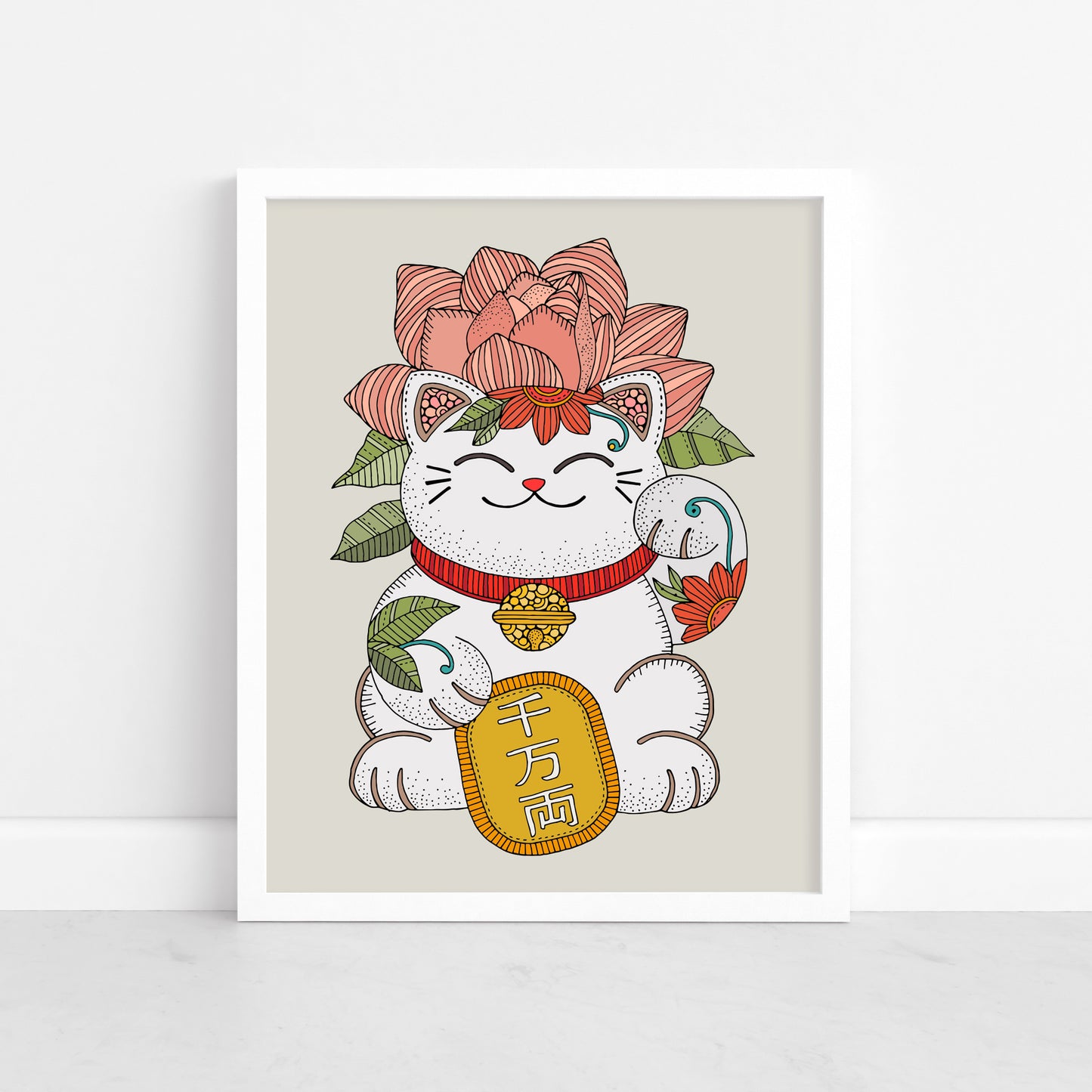 Lucky Blossom Maneki Neko Art Print – Floral Lucky Cat Wall Decor