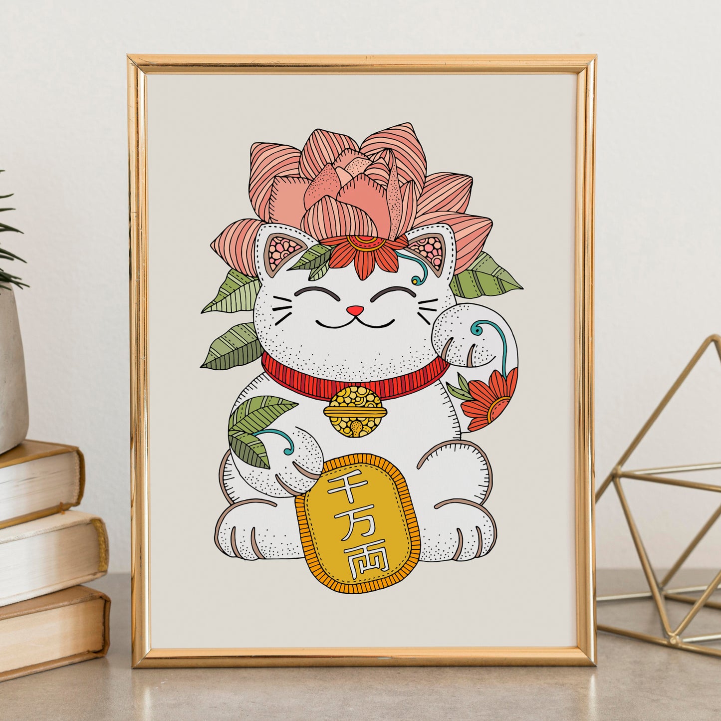 Lucky Blossom Maneki Neko Art Print – Floral Lucky Cat Wall Decor