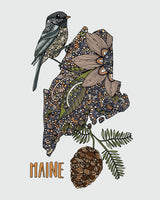 Maine State Map - State Bird Chickadee - State Flower White pine cone
