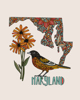 Maryland State Map - State Bird Western Baltimore Oriole- State Flower Black-Eyed Susan