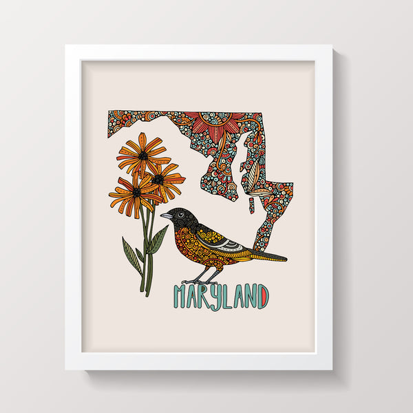 Maryland State Map - State Bird Western Baltimore Oriole- State Flower Black-Eyed Susan