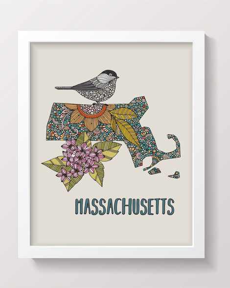 Massachusetts State Map - State Bird black-capped chickadeee- State Flower mayflower