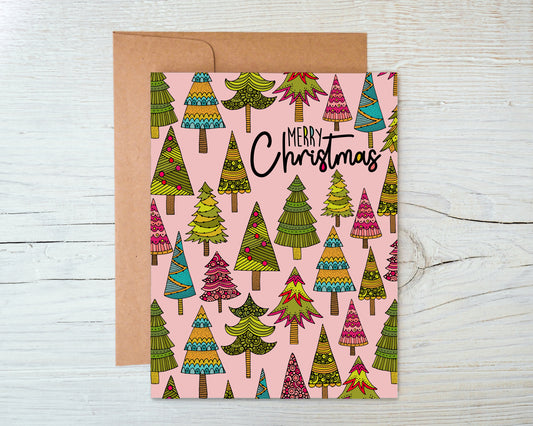 Merry Christmas cute trees (pink)- Holiday Greeting Card