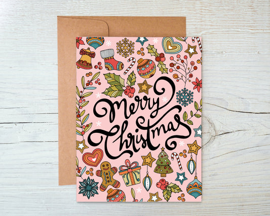 Merry Christmas Pink Background- Holiday Greeting Card