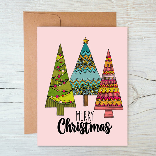 Merry Christmas 3 Trees- pink - Holiday Greeting Card