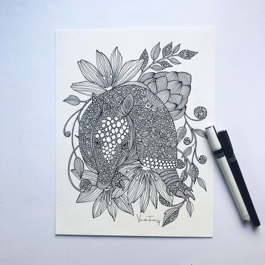 Original Armadillo Pen and Ink Drawing: Black Ink Doodle Art