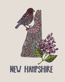 New Hampshire State Map - State Bird Purple finch- State Flower Purple lilac