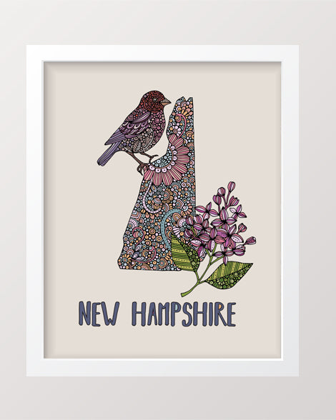 New Hampshire State Map - State Bird Purple finch- State Flower Purple lilac