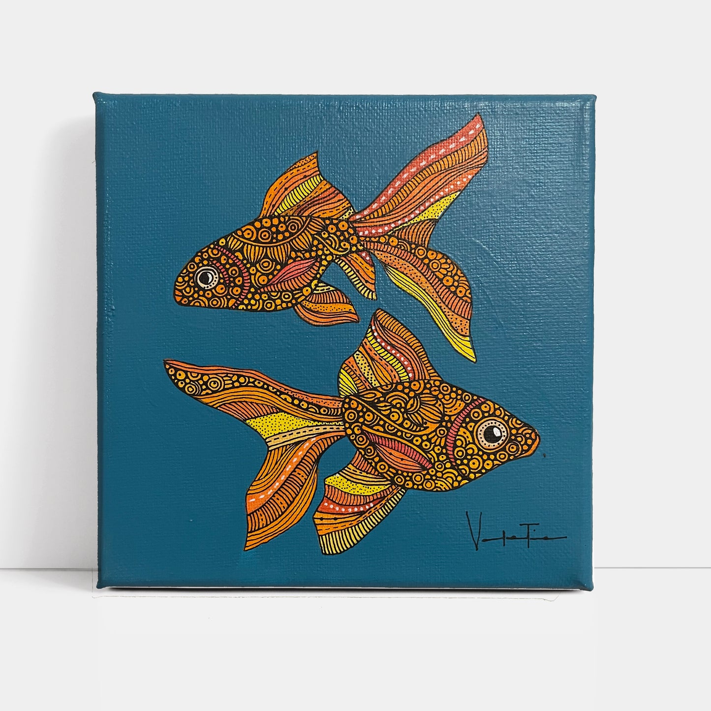 Los Peces- Original Pen and Ink Artwork - 6x6 canvas