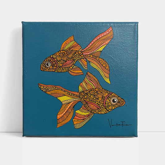Los Peces- Original Pen and Ink Artwork - 6x6 canvas