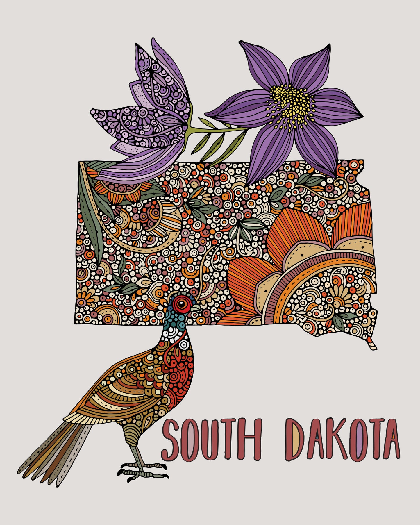 South Dakota Map Art Print: Ring-necked pheasant and American pasque flower Wall Decor