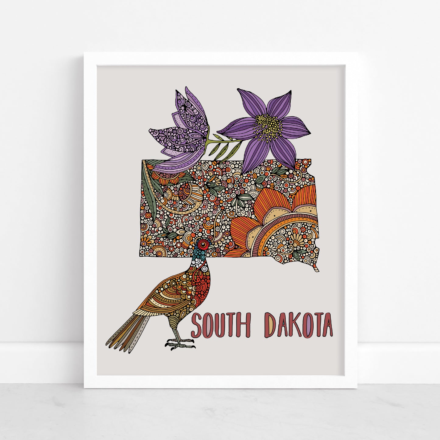 South Dakota Map Art Print: Ring-necked pheasant and American pasque flower Wall Decor