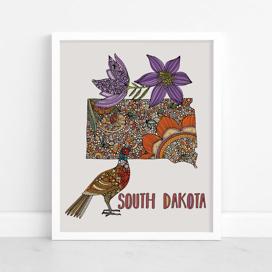 South Dakota Map Art Print: Ring-necked pheasant and American pasque flower Wall Decor