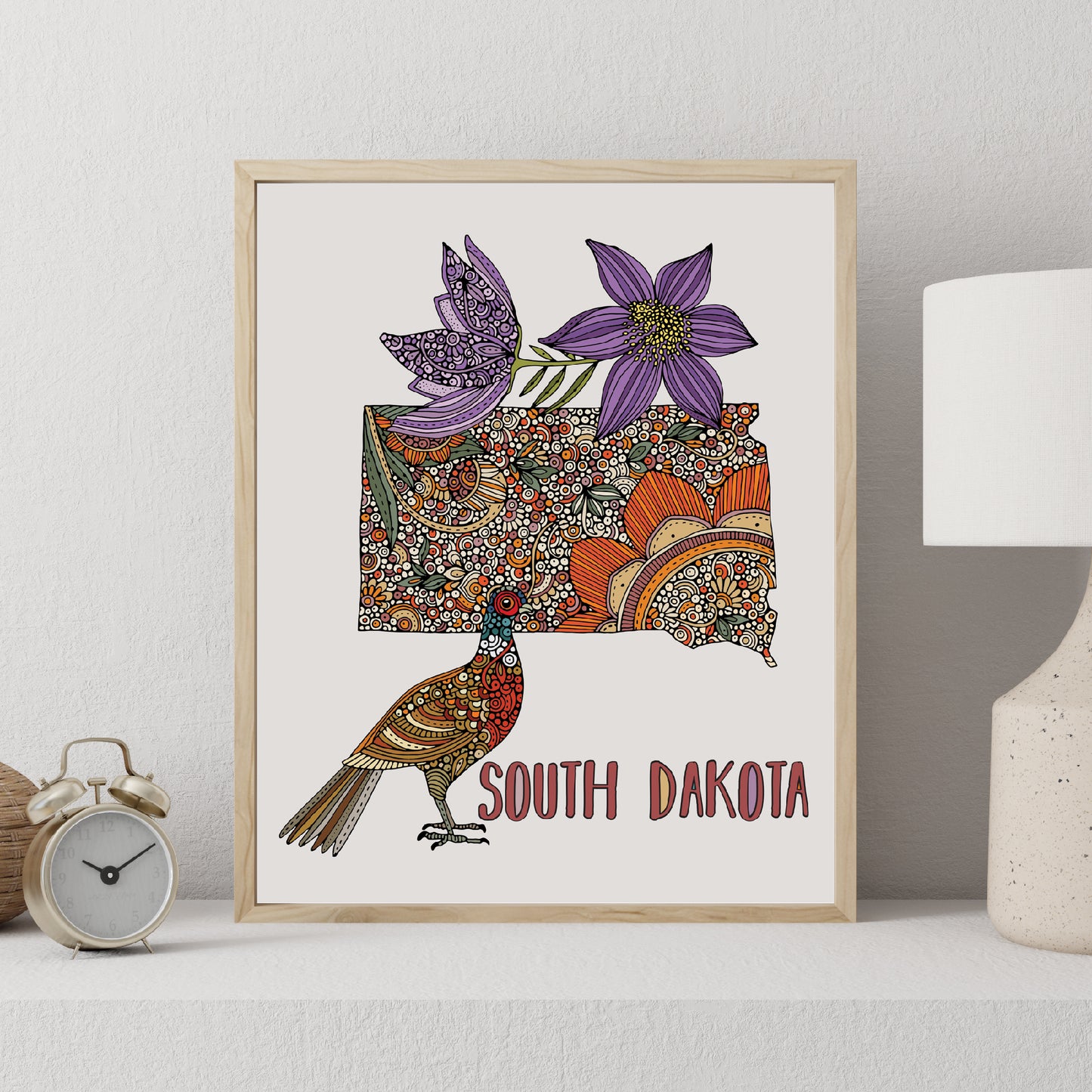 South Dakota Map Art Print: Ring-necked pheasant and American pasque flower Wall Decor