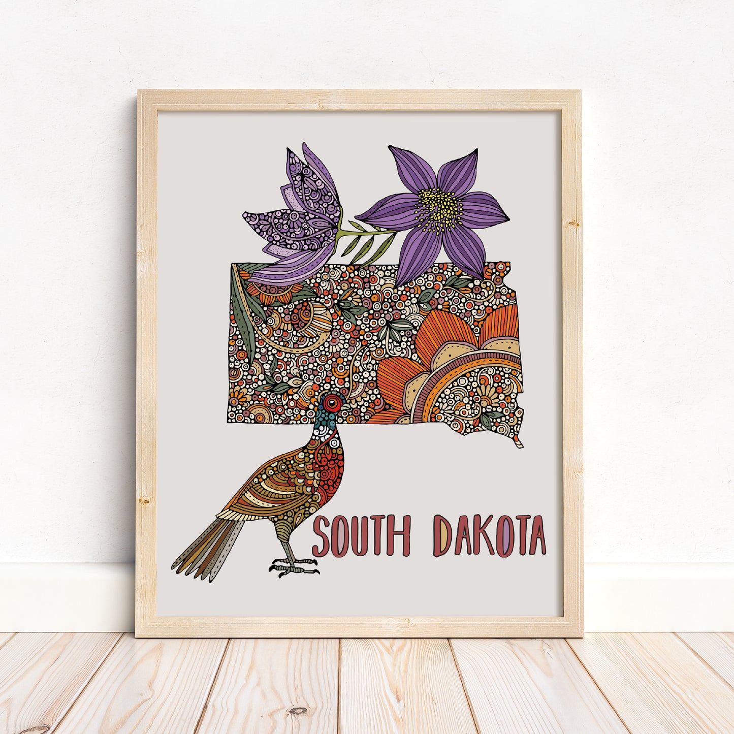 South Dakota Map Art Print: Ring-necked pheasant and American pasque flower Wall Decor