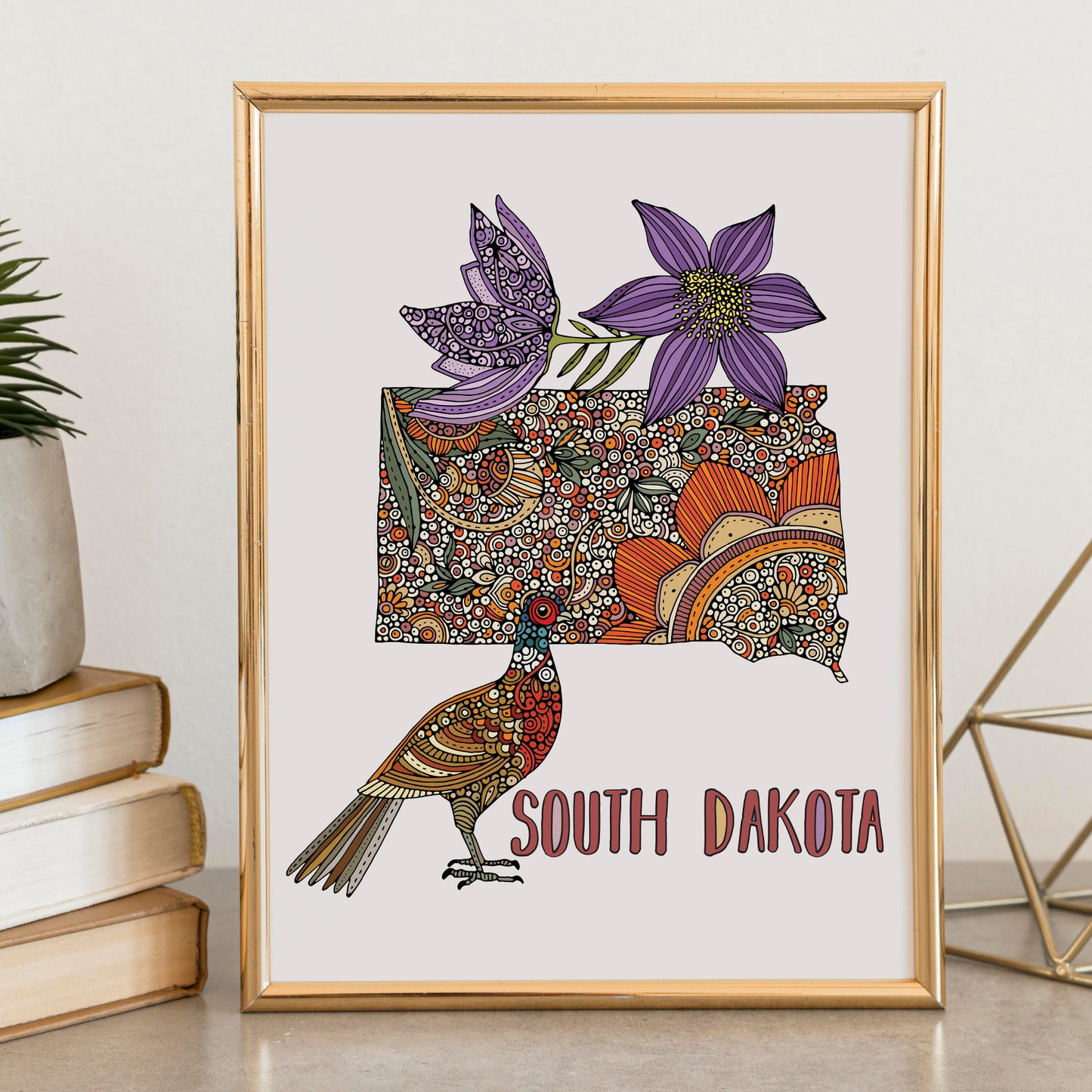 South Dakota Map Art Print: Ring-necked pheasant and American pasque flower Wall Decor