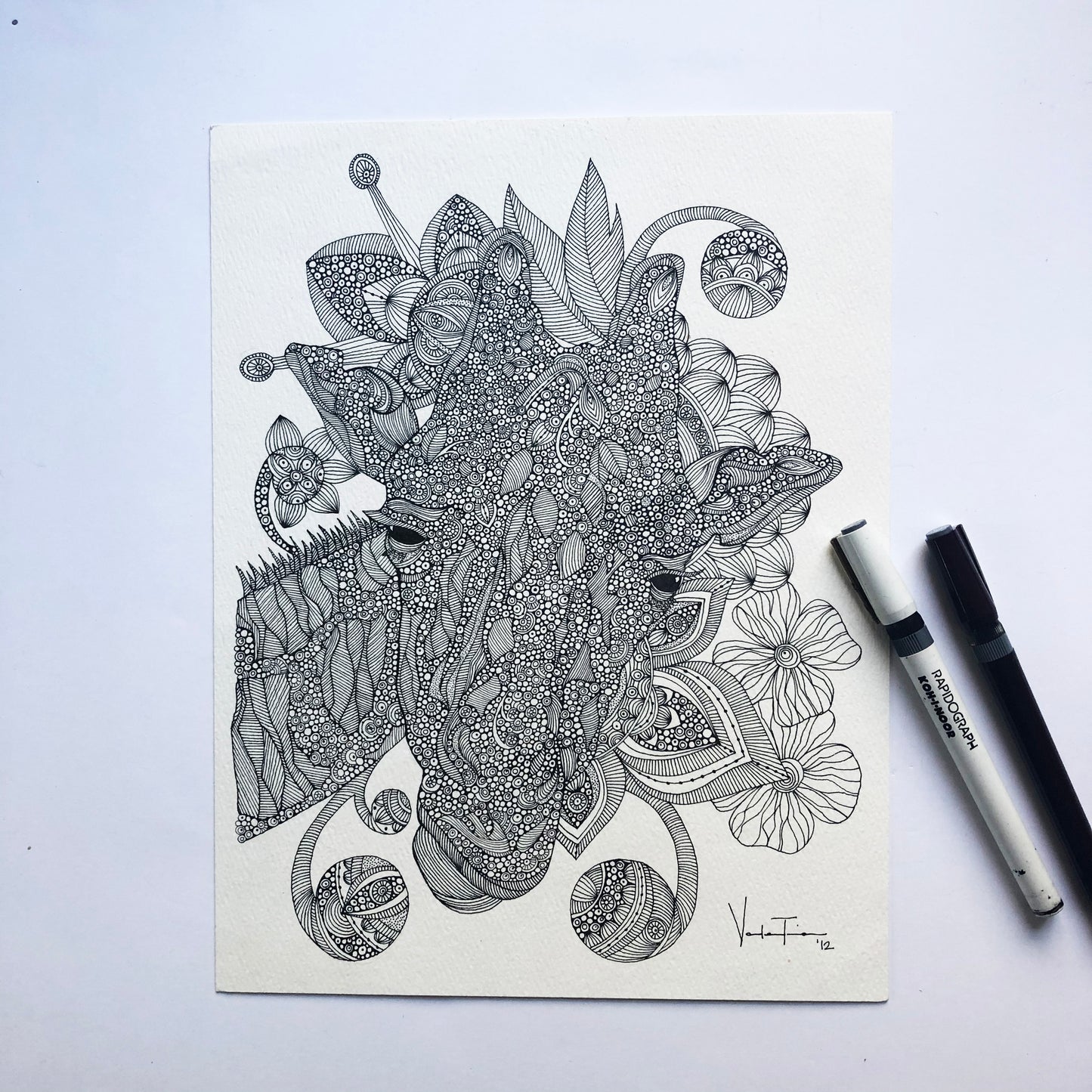 Giraffe Pen and Ink Drawing: Original Doodle Art on Watercolor Paper