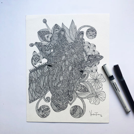Giraffe Pen and Ink Drawing: Original Doodle Art on Watercolor Paper