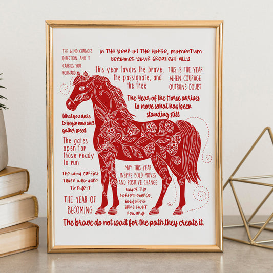 Year of the Fire Horse 2026 | Chinese Zodiac Horse Wall Art | Lunar New Year | Red