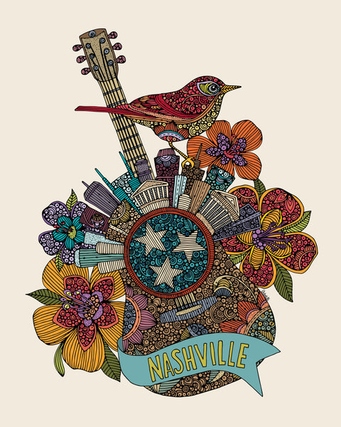 Nashville Music City 2- Room decor - Flowers - Doodle Art - Flowers Print Decor - Nashville Art - Home Print -Music City - Nashville Print
