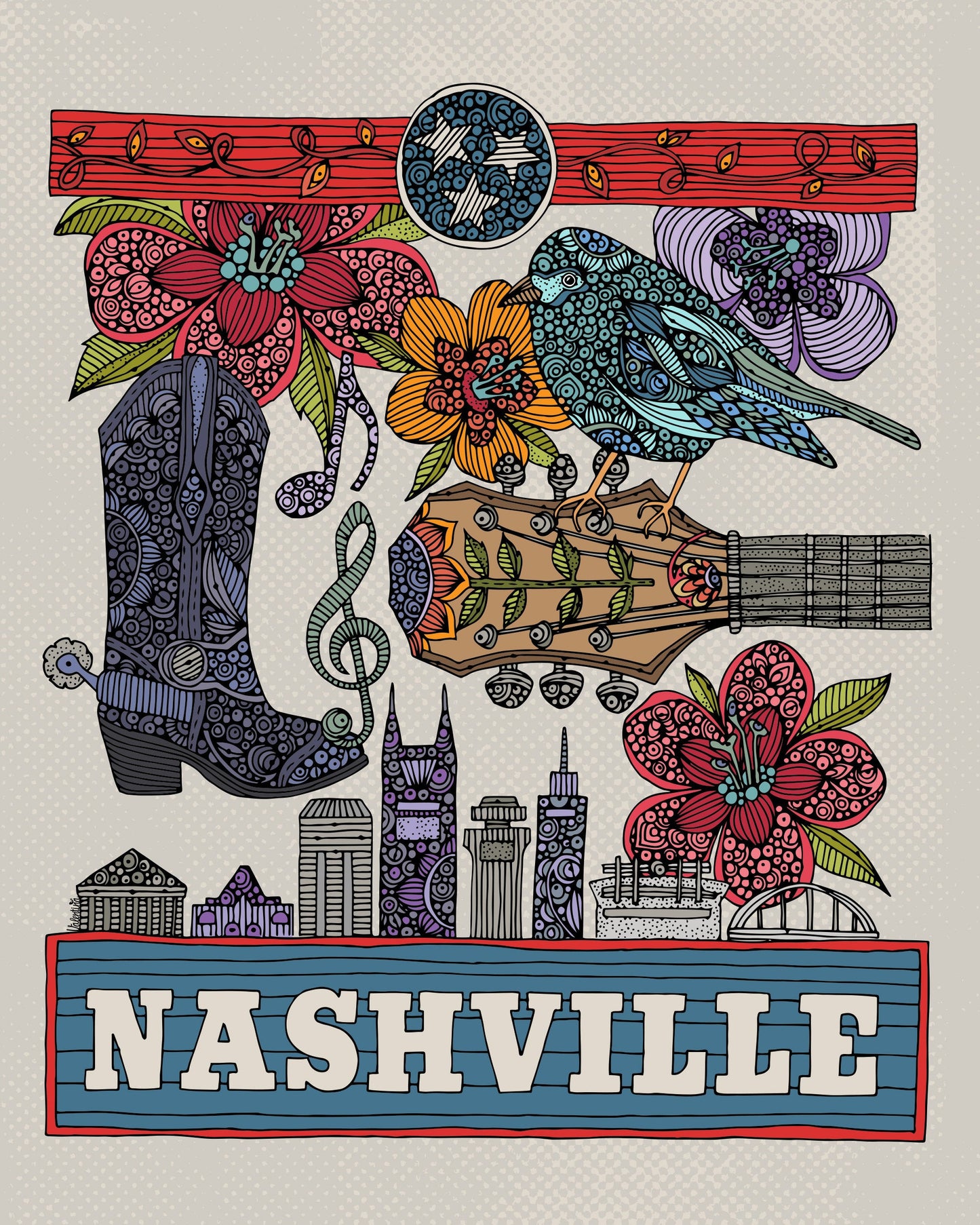Nashville Poster-AirBnB Decor - Flowers - Doodle Art - Flowers Print Decor - Nashville Art - Home Print -Music City - Nashville Print