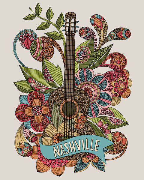 Nashville guitar - Home Decor - Music Art -Decor - Room decor - Flowers - Doodle Art - Music Print Decor