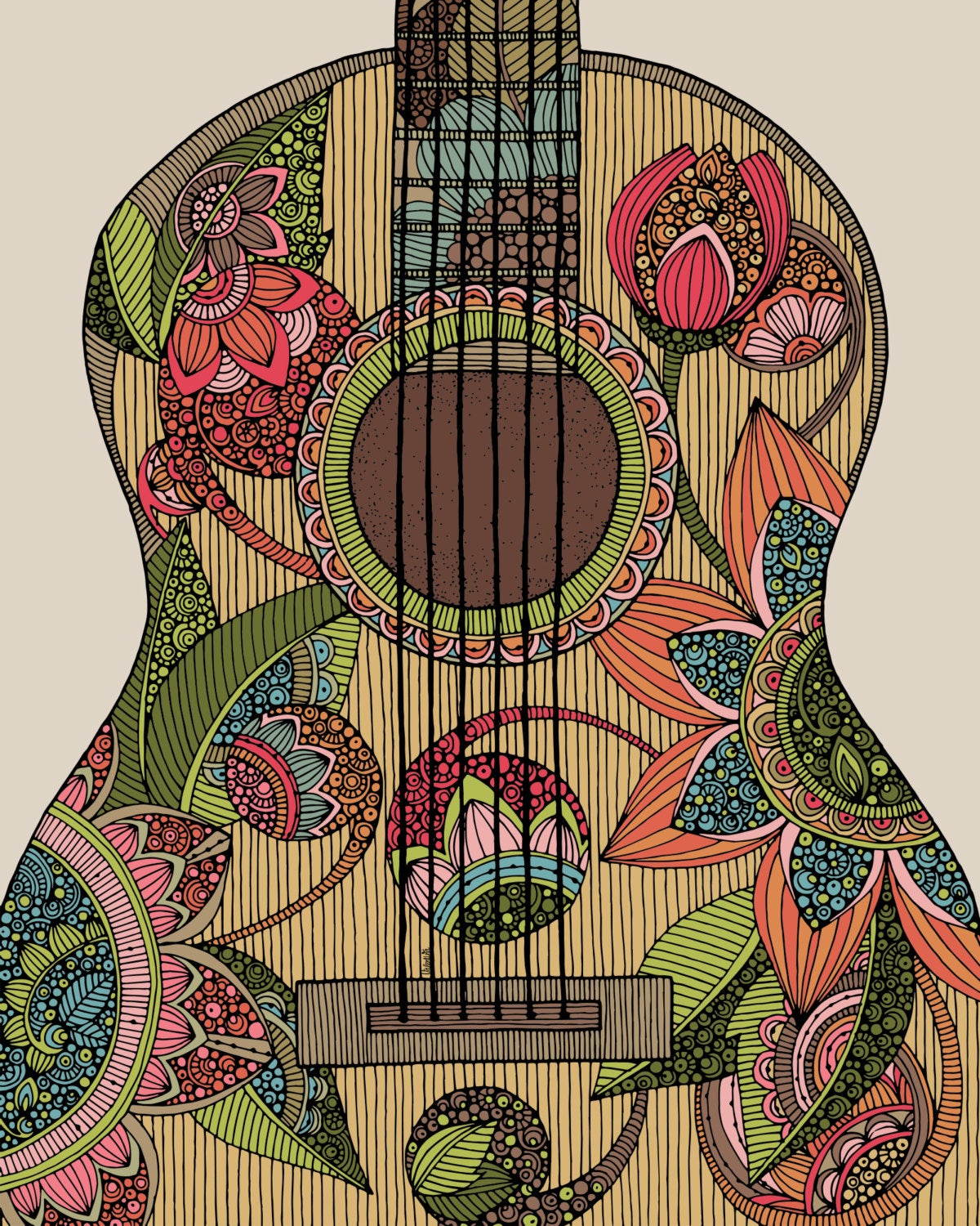 The guitar - Home Decor - Music Art -Decor - Room decor - Flowers - Doodle Art - Music Print Decor