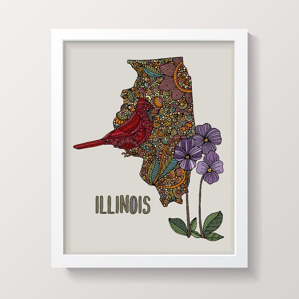 Illinois State Map - State Bird Cardinal - State Flower Purple Violet