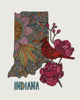 Indiana State Map - State Bird Cardinal - State Flower Peony