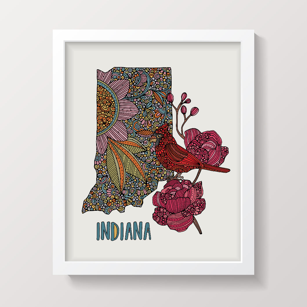 Indiana State Map - State Bird Cardinal - State Flower Peony