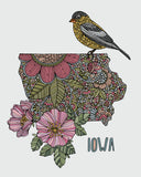 Iowa State Map - State Bird Eastern Goldfinch - State Flower Wild Prairie Rose