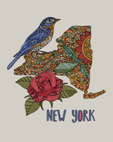 New York State Map - State Bird Bluebird - State Flower Rose