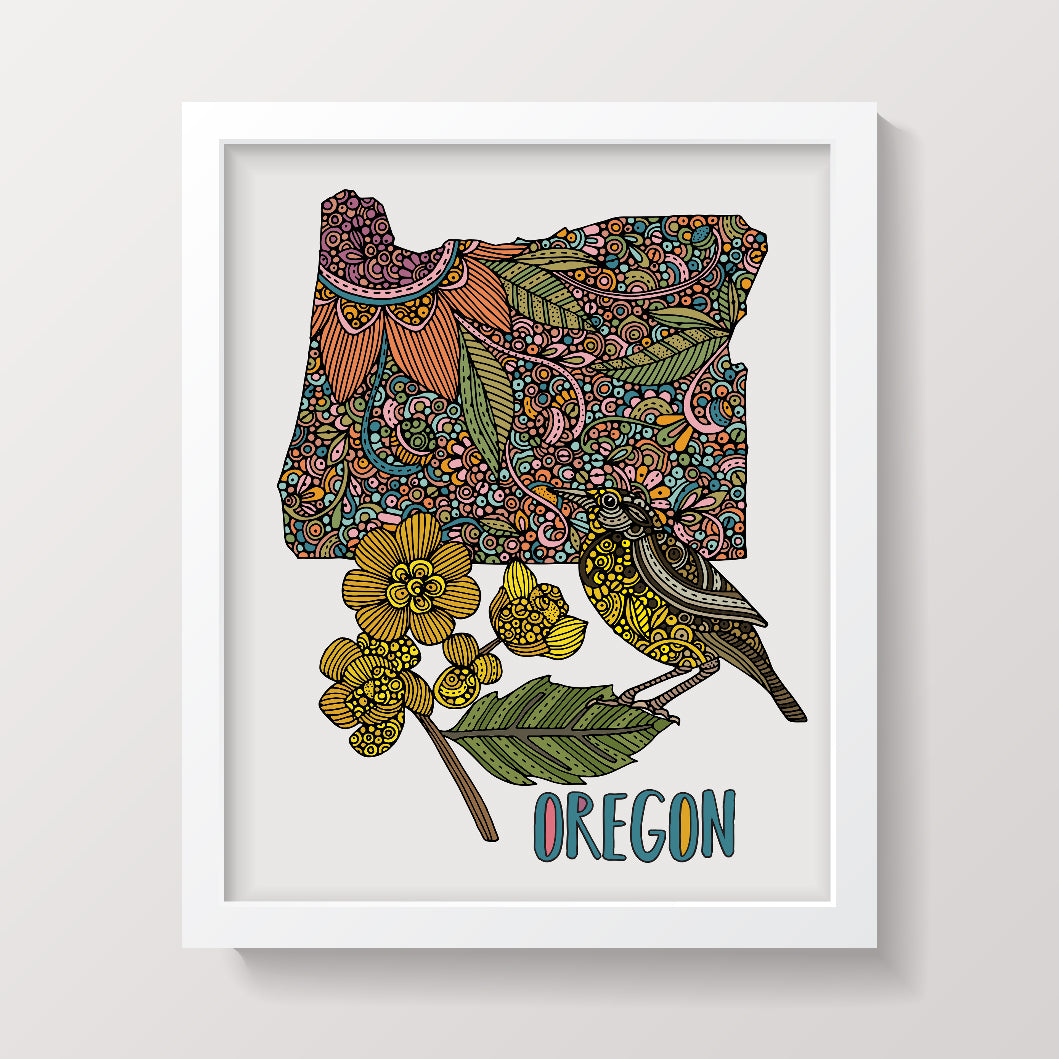 Oregon State Map - State Bird Western Meadowlark - State Flower Oregon Grape